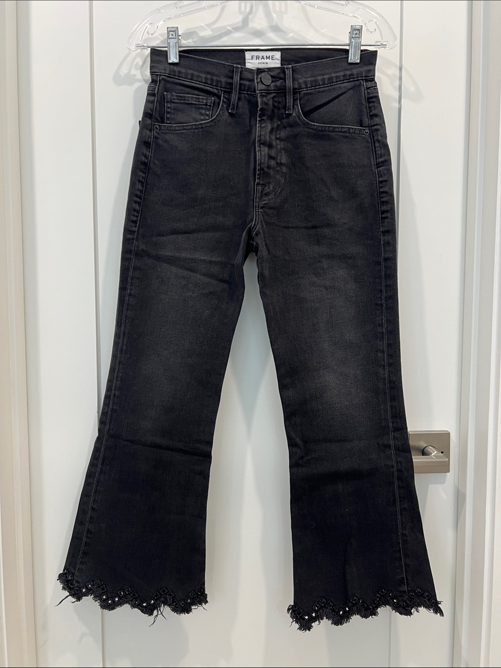Frame Denim Black Cropped flare Jeans with Frayed Hem